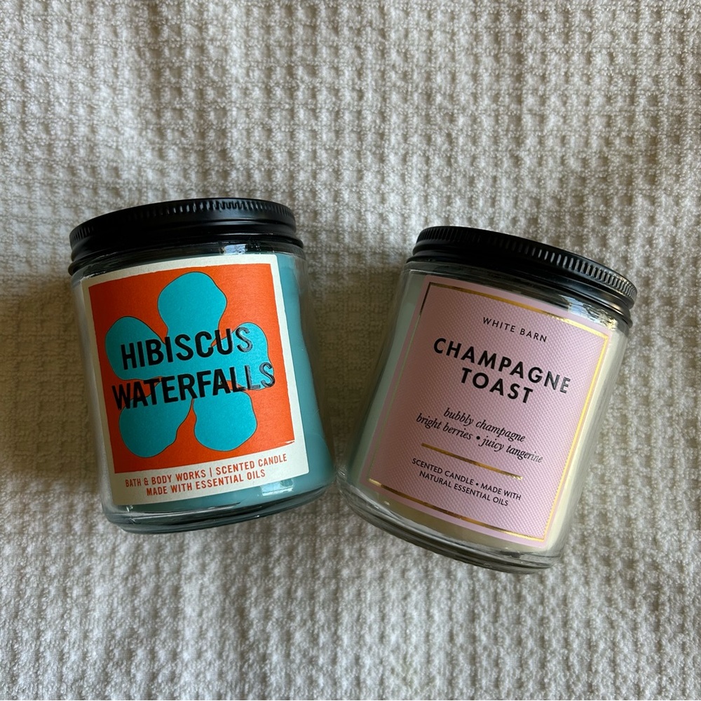 2 Bath and Body Works Candles; Hibiscus Waterfall, Champagne Toast